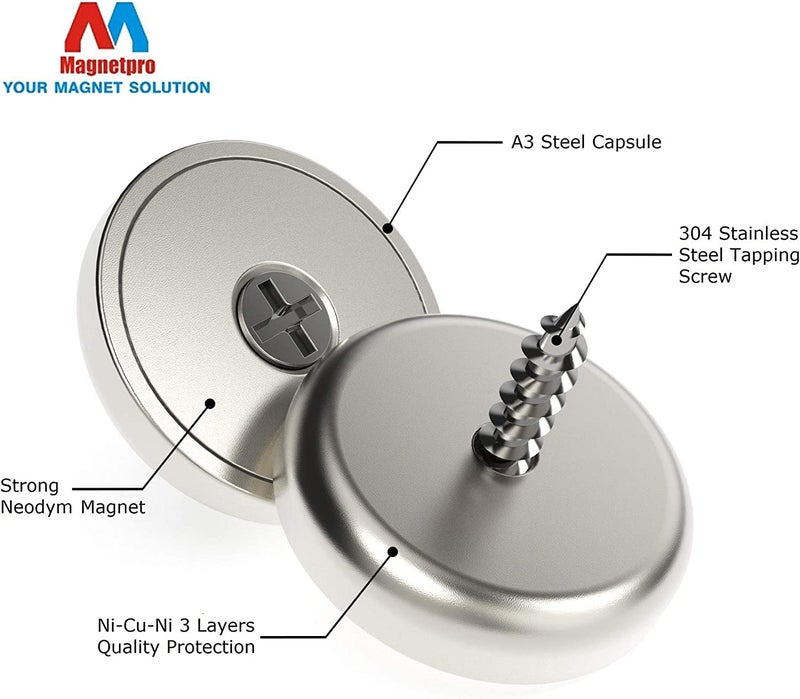 Magnetpro 6 Pieces Neodymium Magnets 55 LB Force Size 1.10"*0.20" with Steel Capsule, Countersunk Head Pot Neodymium Magnet with Screws - Image 2